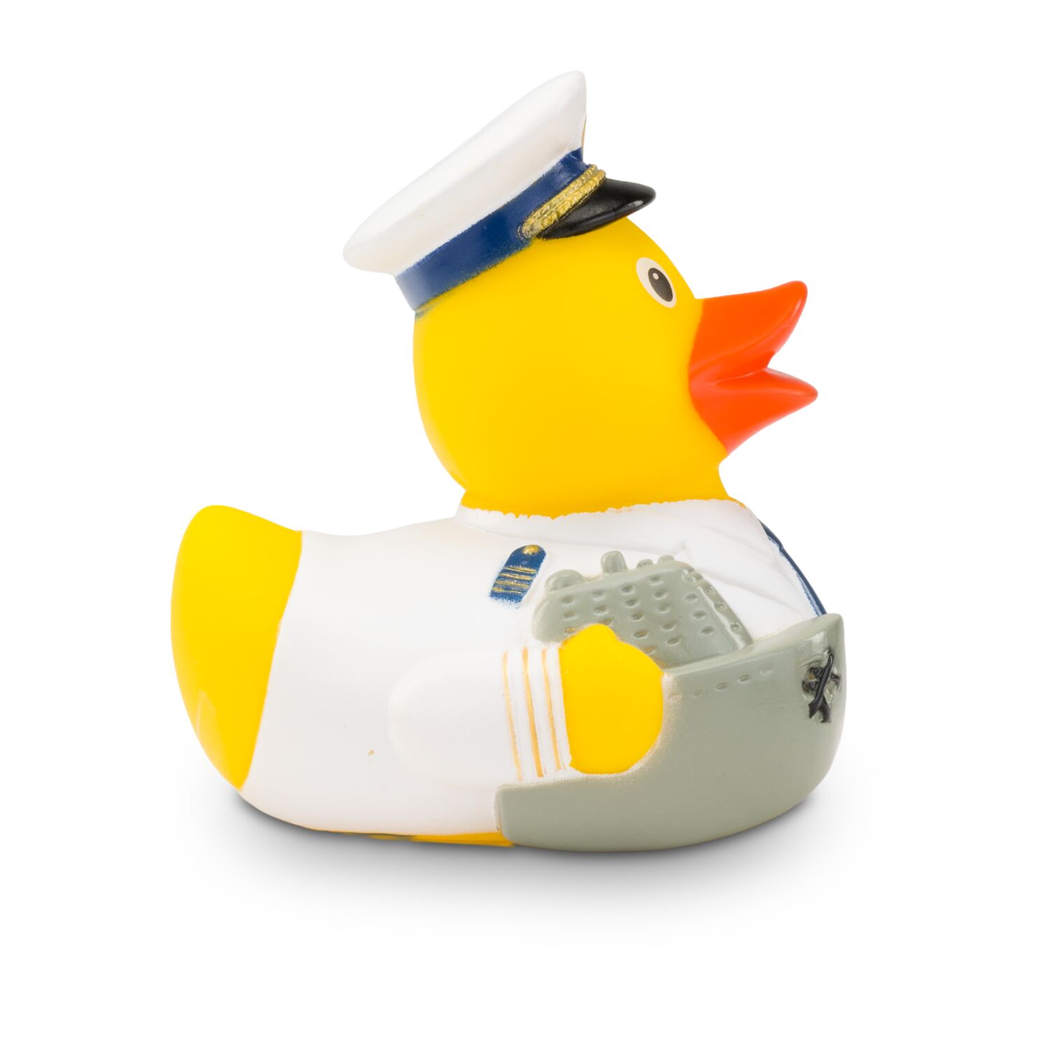 gelbe Werbeente Konrad Kreuzfahrt mit Uniform, Matrosenkappe und Pfeife, Größe: ca. 8 cm. Inklusive Quietschventil
