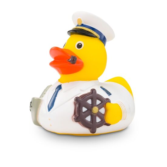 gelbe Werbeente Konrad Kreuzfahrt mit Uniform, Matrosenkappe und Pfeife, Größe: ca. 8 cm. Inklusive Quietschventil