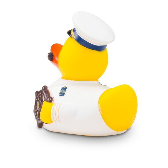 gelbe Werbeente Konrad Kreuzfahrt mit Uniform, Matrosenkappe und Pfeife, Größe: ca. 8 cm. Inklusive Quietschventil