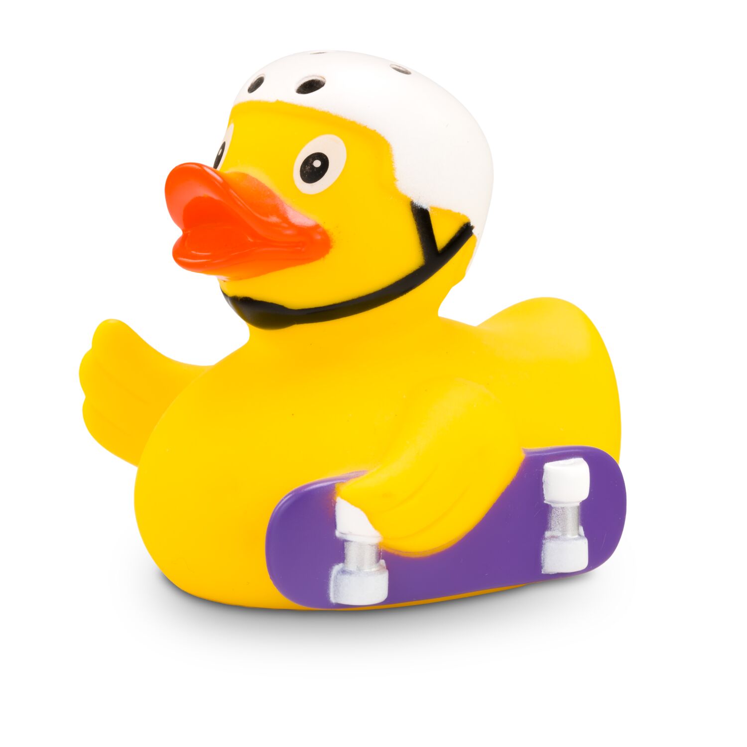 gelbe Werbeente Kai Kickflip mit Helm und Skateboard, Größe: ca. 8 cm. Inklusive Quietschventil