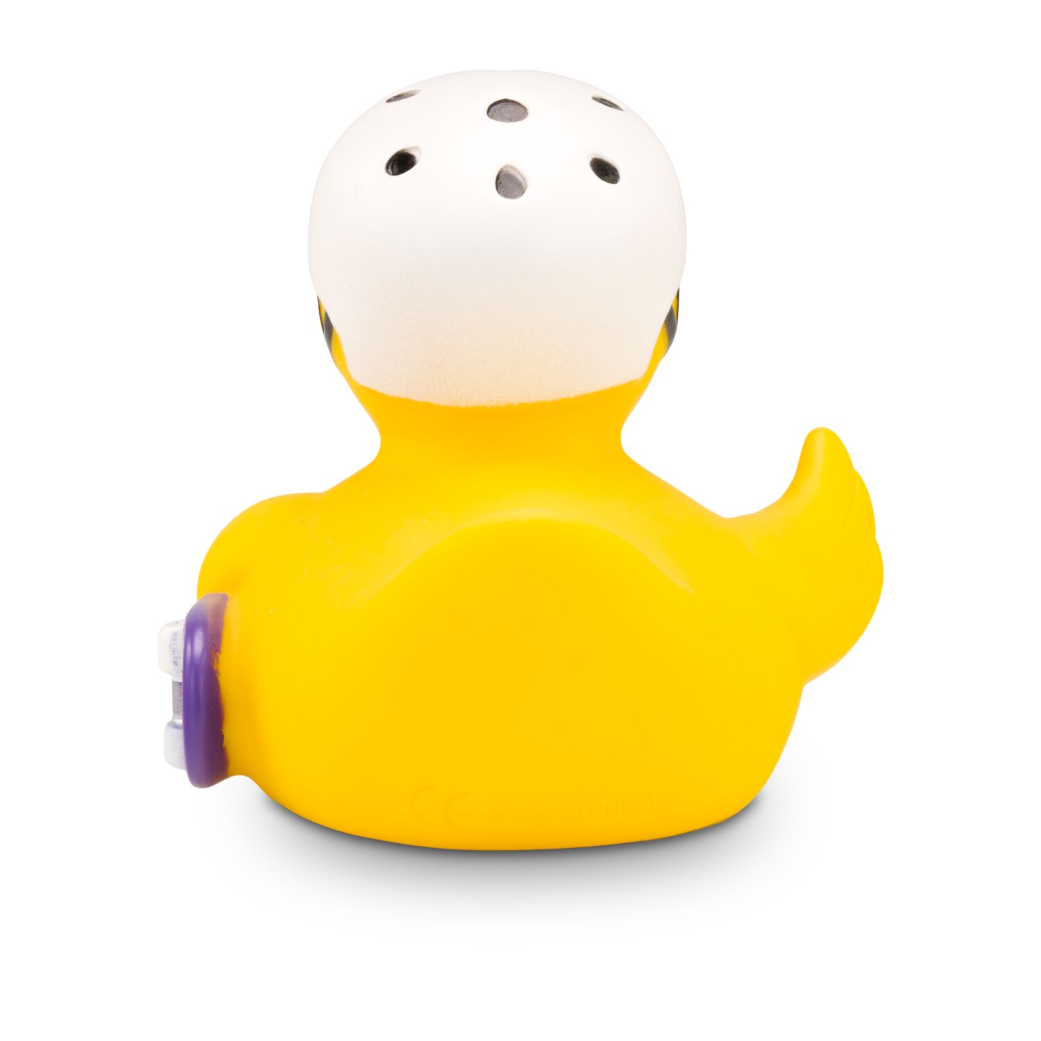 gelbe Werbeente Kai Kickflip mit Helm und Skateboard, Größe: ca. 8 cm. Inklusive Quietschventil