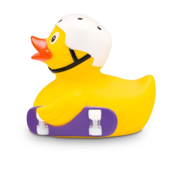gelbe Werbeente Kai Kickflip mit Helm und Skateboard, Größe: ca. 8 cm. Inklusive Quietschventil