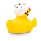 gelbe Werbeente Kai Kickflip mit Helm und Skateboard, Größe: ca. 8 cm. Inklusive Quietschventil