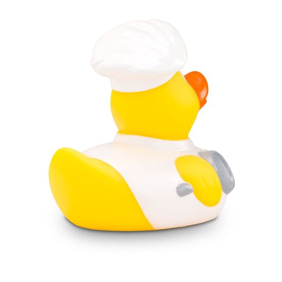 gelbe Werbeente Bruno Bratpfanne mit weißem Koch-Outfit, Bratpfanne und Kochlöffel, Größe: ca. 8 cm. Inklusive Quietschventil