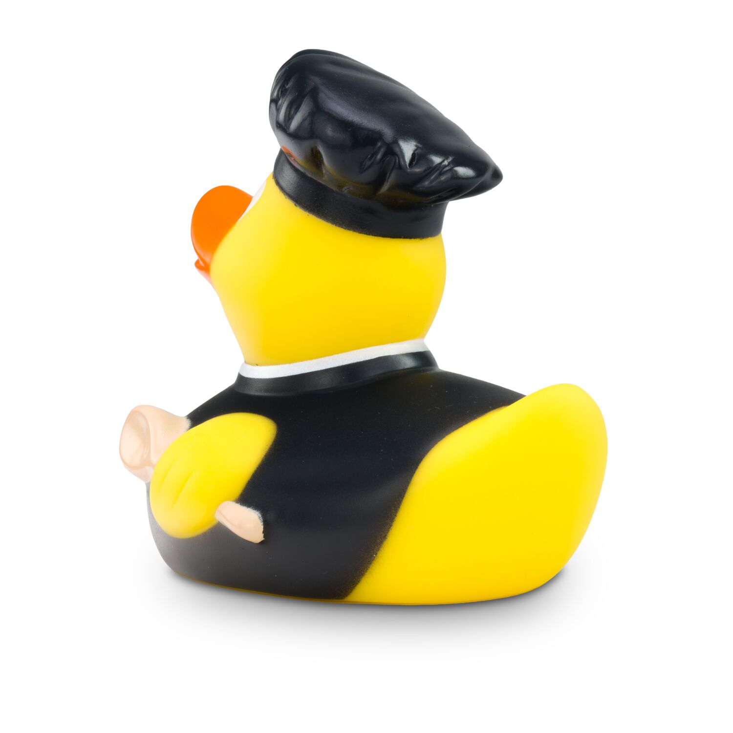 gelbe Werbeente Bruno Bratpfanne mit schwarzem Koch-Outfit, Bratpfanne und Kochlöffel, Größe: ca. 8 cm. Inklusive Quietschventil