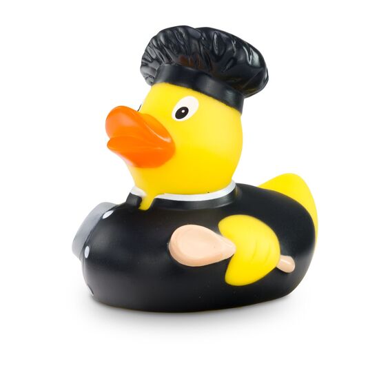 gelbe Werbeente Bruno Bratpfanne mit schwarzem Koch-Outfit, Bratpfanne und Kochlöffel, Größe: ca. 8 cm. Inklusive Quietschventil