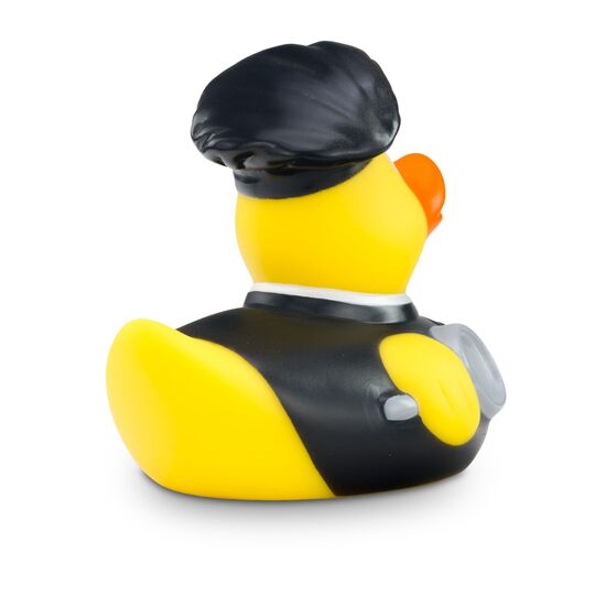 gelbe Werbeente Bruno Bratpfanne mit schwarzem Koch-Outfit, Bratpfanne und Kochlöffel, Größe: ca. 8 cm. Inklusive Quietschventil