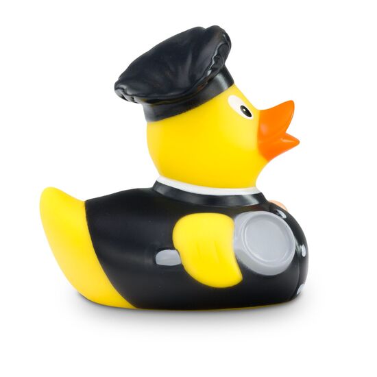 gelbe Werbeente Bruno Bratpfanne mit schwarzem Koch-Outfit, Bratpfanne und Kochlöffel, Größe: ca. 8 cm. Inklusive Quietschventil