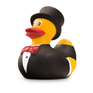 gelbe Werbeente Bodo Bräutigam im Hochzeits-Look mit weißen Hemd, Fliege und Frack, Größe: ca. 6 cm. Inklusive Quietschventil