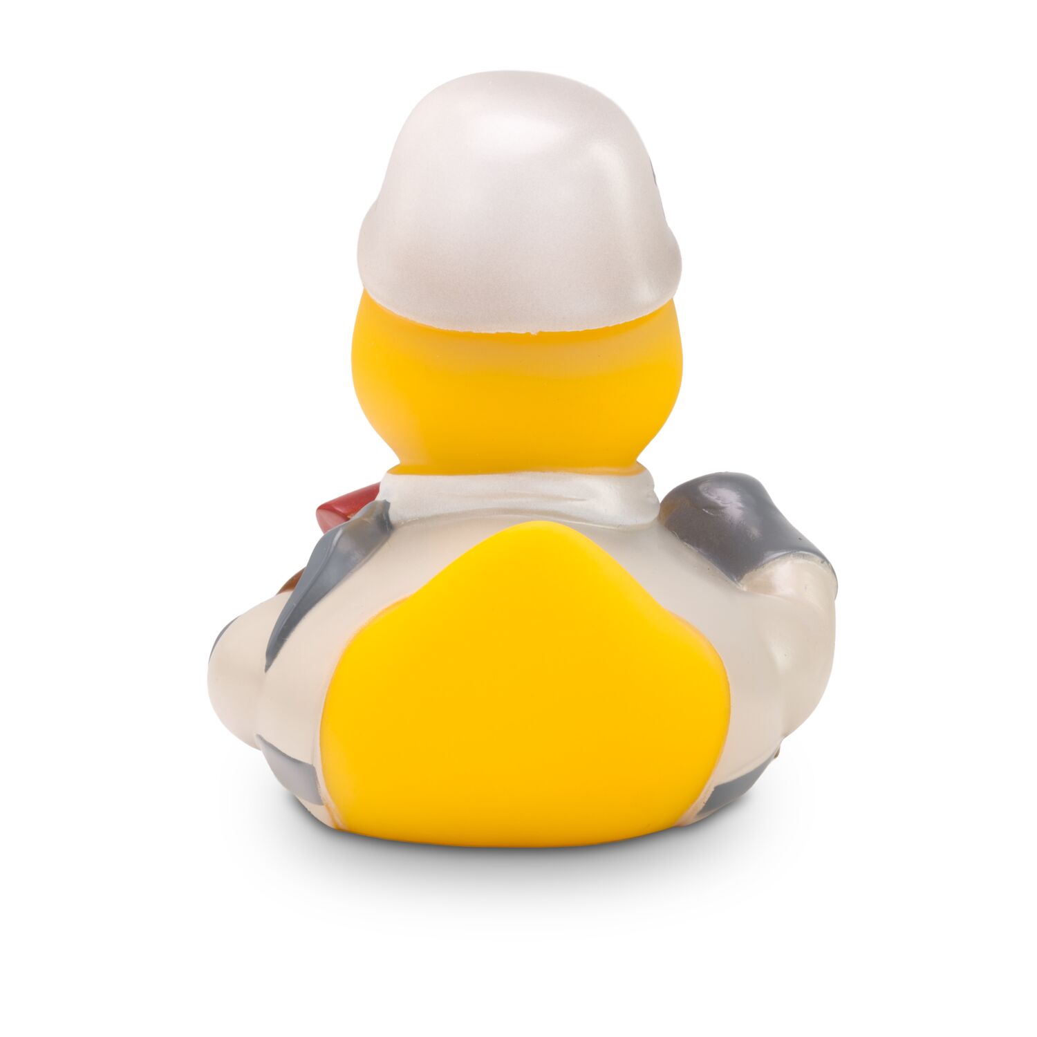 gelbe Werbeente Bernhard Bergmann mit Förderturm, Pickel, Helm mit Lampe und Grubenlampe, Größe: ca. 8 cm. Inklusive Quietschventil