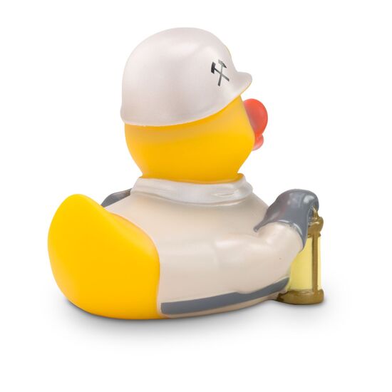 gelbe Werbeente Bernhard Bergmann mit Förderturm, Pickel, Helm mit Lampe und Grubenlampe, Größe: ca. 8 cm. Inklusive Quietschventil