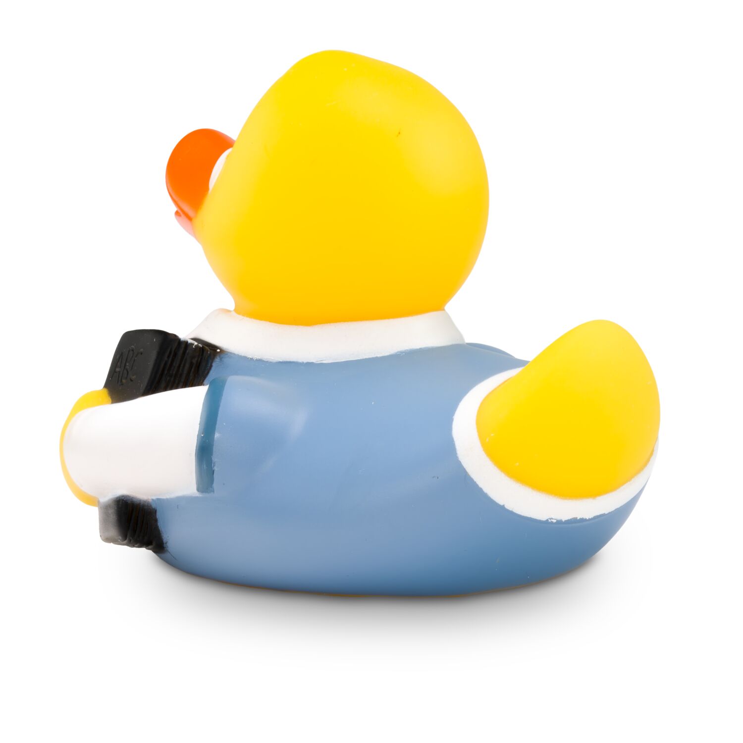gelbe Werbeente Leo Lehrer mit Brille, Lehrbuch und Zeigestock, Größe: ca. 8 cm. Inklusive Quietschventil