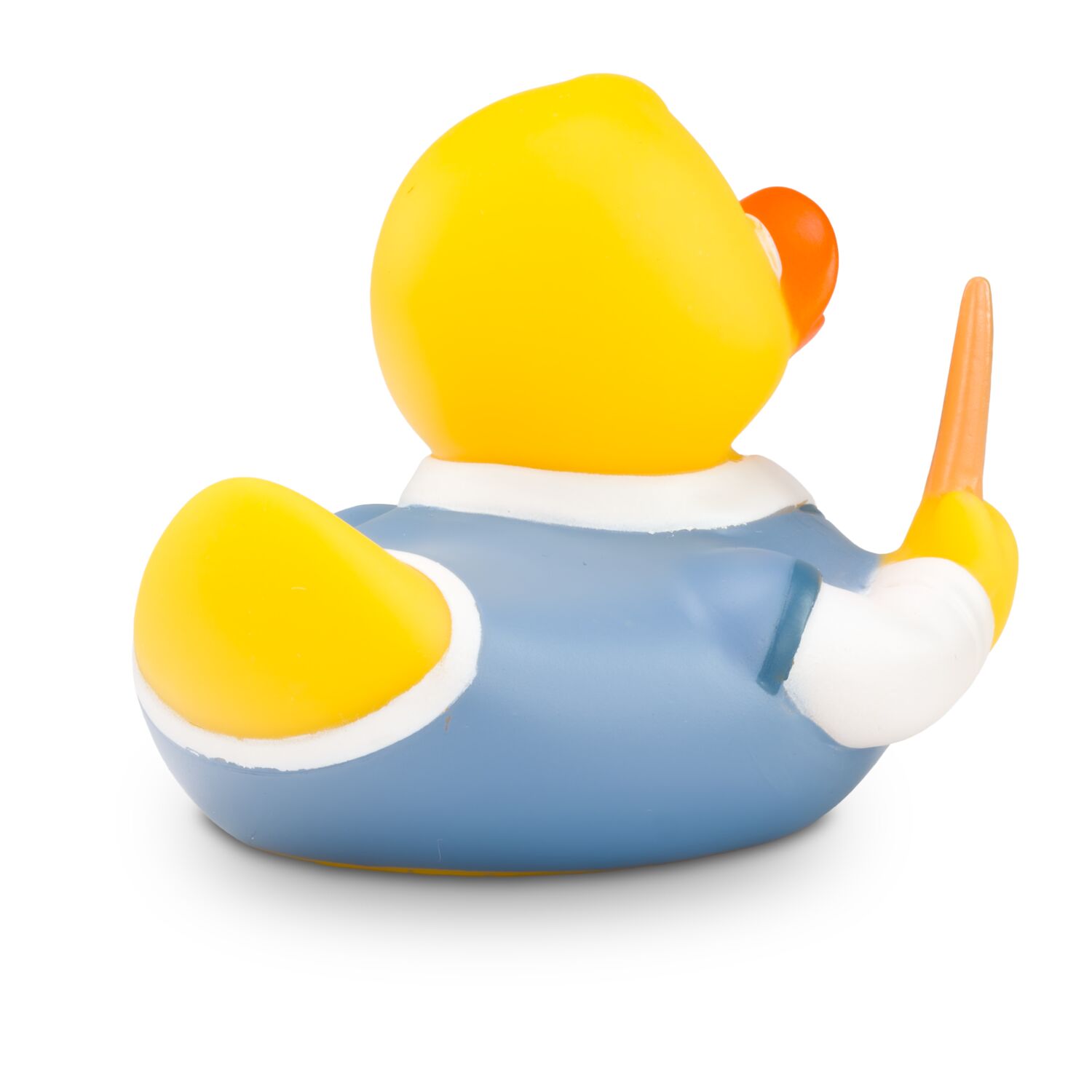gelbe Werbeente Leo Lehrer mit Brille, Lehrbuch und Zeigestock, Größe: ca. 8 cm. Inklusive Quietschventil