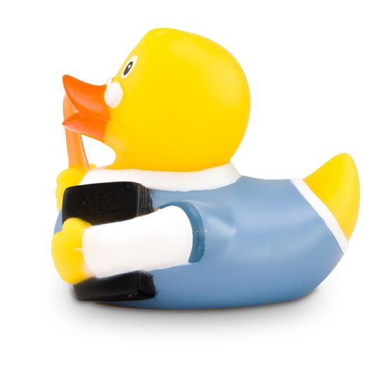 gelbe Werbeente Leo Lehrer mit Brille, Lehrbuch und Zeigestock, Größe: ca. 8 cm. Inklusive Quietschventil