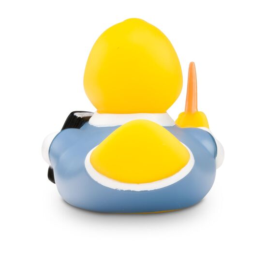 gelbe Werbeente Leo Lehrer mit Brille, Lehrbuch und Zeigestock, Größe: ca. 8 cm. Inklusive Quietschventil