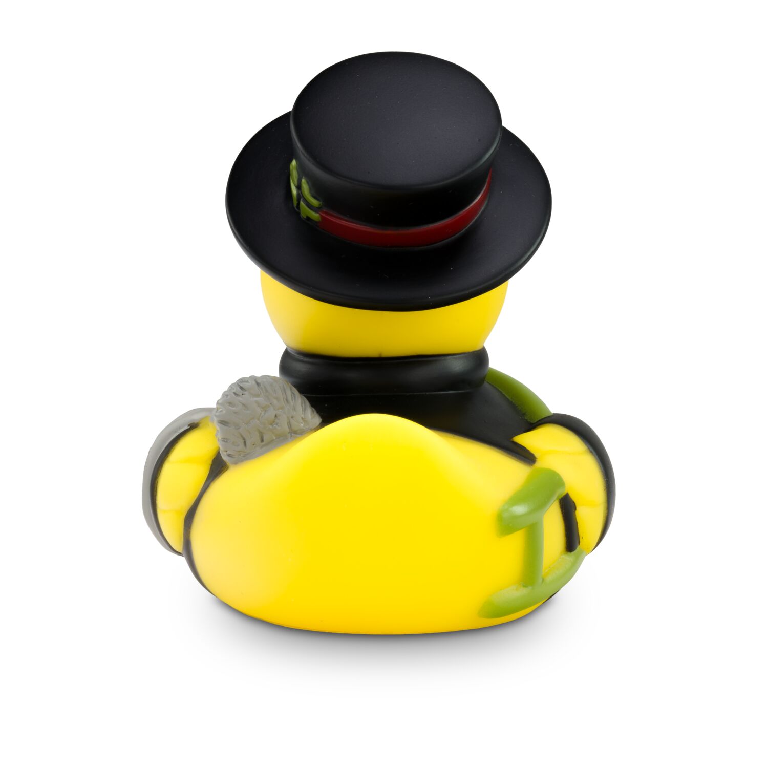 gelbe Badeente Felix Fegeglück mit Uniform in schwarz und Zylinder, Größe: ca. 8 cm. Inklusive Quietschventil