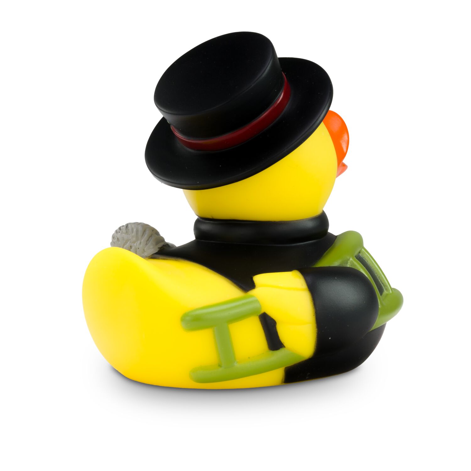 gelbe Badeente Felix Fegeglück mit Uniform in schwarz und Zylinder, Größe: ca. 8 cm. Inklusive Quietschventil