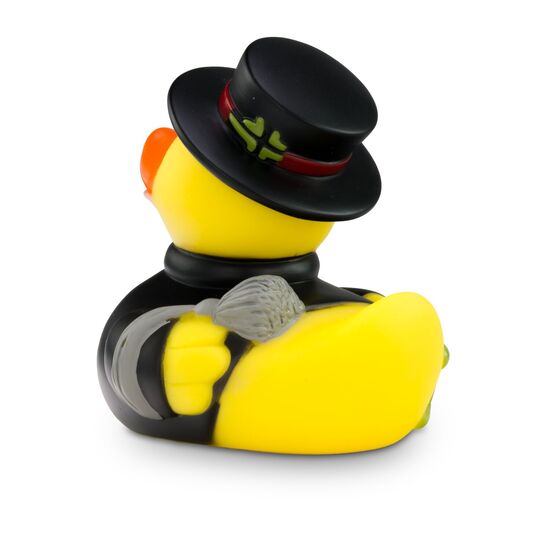 gelbe Badeente Felix Fegeglück mit Uniform in schwarz und Zylinder, Größe: ca. 8 cm. Inklusive Quietschventil