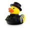 gelbe Badeente Felix Fegeglück mit Uniform in schwarz und Zylinder, Größe: ca. 8 cm. Inklusive Quietschventil