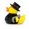 gelbe Badeente Felix Fegeglück mit Uniform in schwarz und Zylinder, Größe: ca. 8 cm. Inklusive Quietschventil