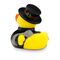 gelbe Badeente Felix Fegeglück mit Uniform in schwarz und Zylinder, Größe: ca. 8 cm. Inklusive Quietschventil