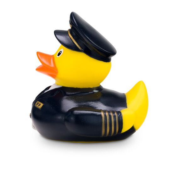 gelbe Werbeente Pepe Pilot mit Piloten-Uniform mit Krawatte, Mütze und Koffer, Größe: ca. 8 cm. Inklusive Quietschventil