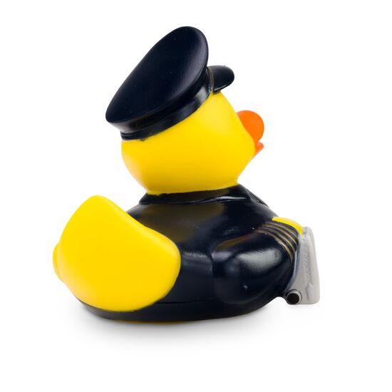 gelbe Werbeente Pepe Pilot mit Piloten-Uniform mit Krawatte, Mütze und Koffer, Größe: ca. 8 cm. Inklusive Quietschventil