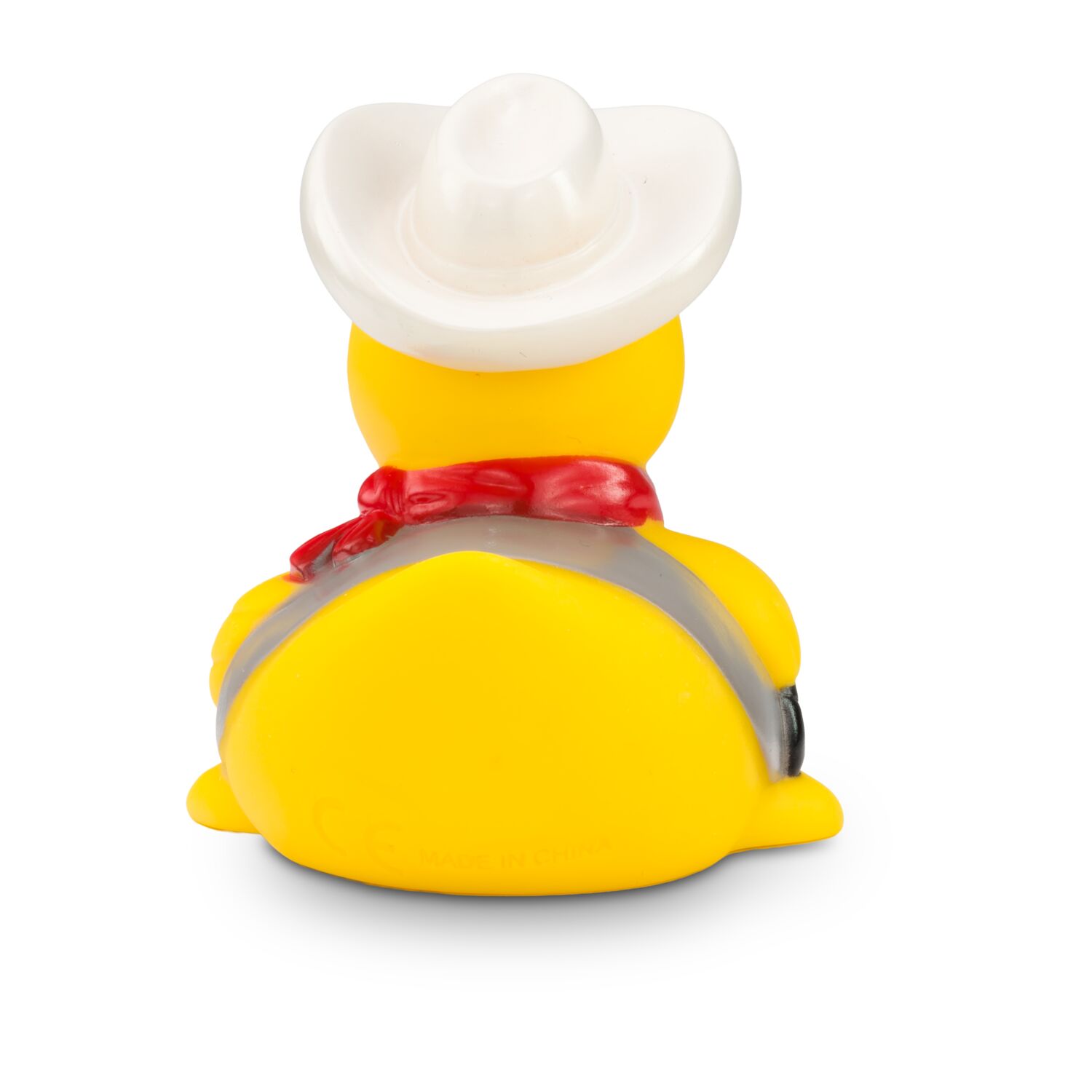 gelbe Werbeente Colin Colt mit Cowboyhut, Halstuch, Pistole und Weste, Größe: ca. 8 cm. Inklusive Quietschventil