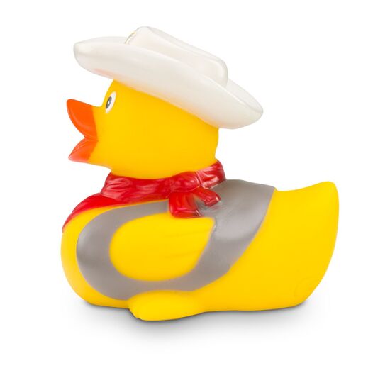 gelbe Werbeente Colin Colt mit Cowboyhut, Halstuch, Pistole und Weste, Größe: ca. 8 cm. Inklusive Quietschventil