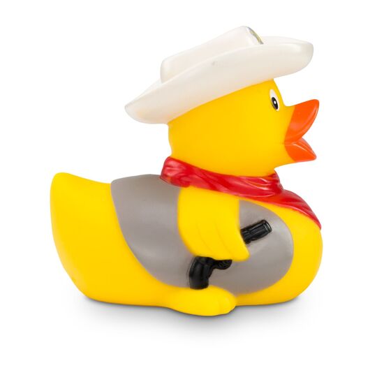 gelbe Werbeente Colin Colt mit Cowboyhut, Halstuch, Pistole und Weste, Größe: ca. 8 cm. Inklusive Quietschventil