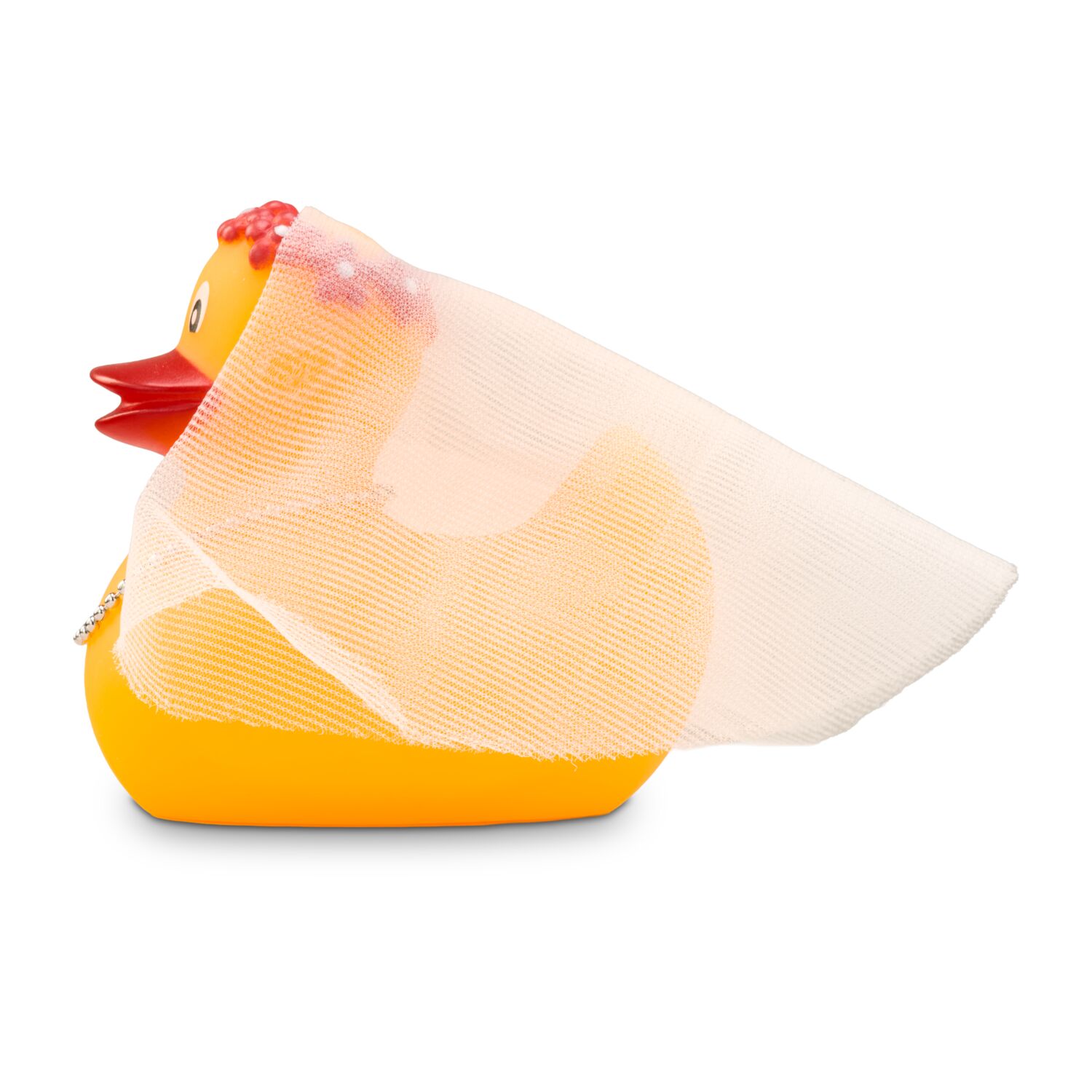 gelbe Werbeente Bonnie Braut mit Schleier aus Tüll, Diadem und Perlenkette, Größe: ca. 6 cm. Inklusive Quietschventil