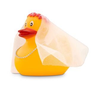 gelbe Werbeente Bonnie Braut mit Schleier aus Tüll, Diadem und Perlenkette, Größe: ca. 6 cm. Inklusive Quietschventil