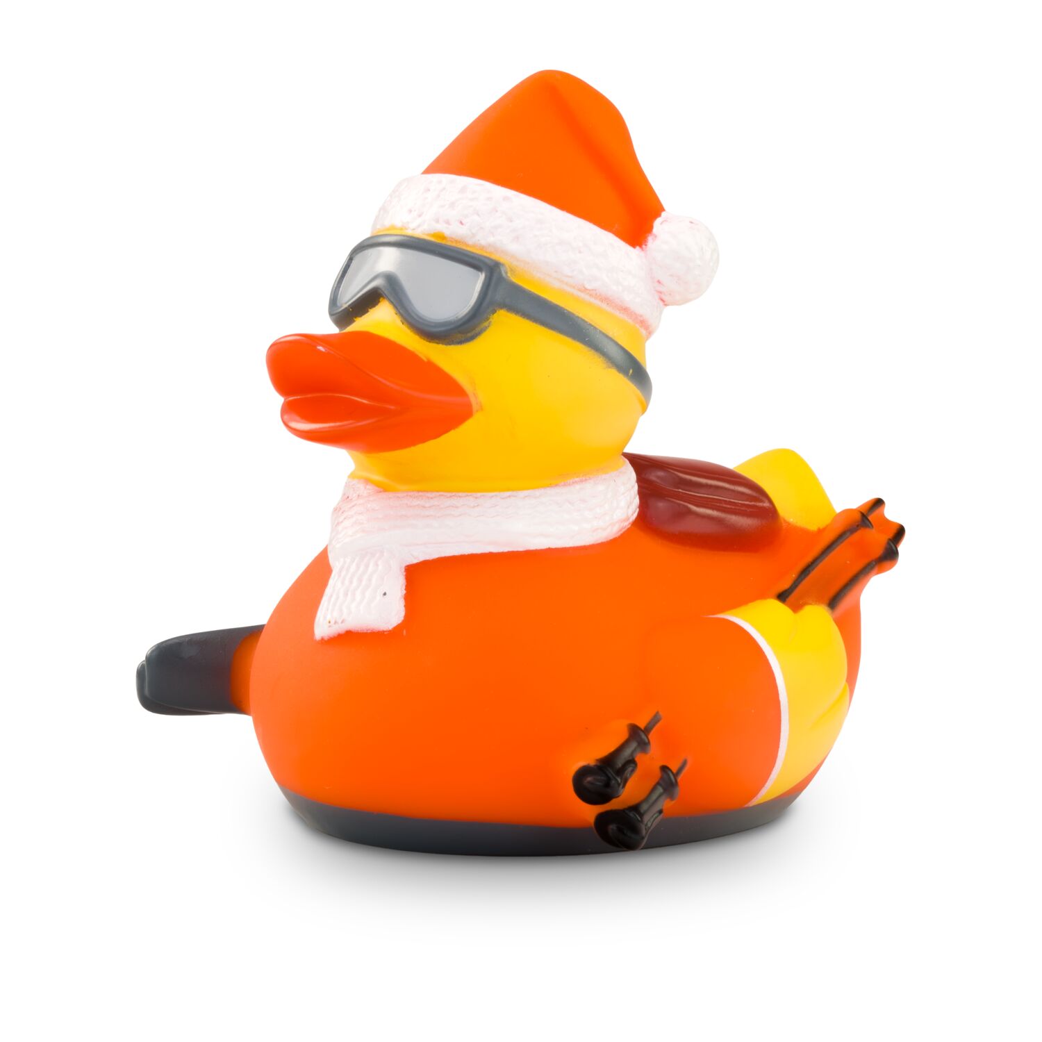 gelbe Werbeente Timo Tiefschnee mit orangenen Skianzug, Mütze, Skibrille, Schal und Rucksack, Größe: ca. 8 cm. Inklusive Quietschventil