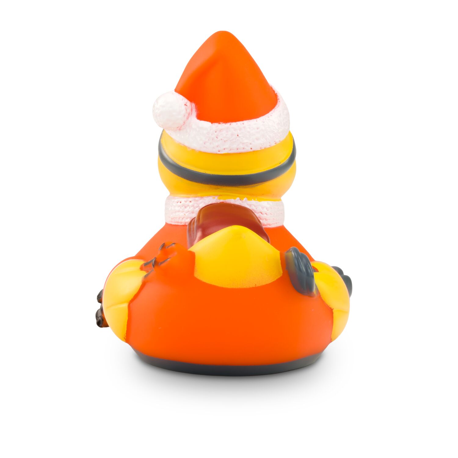 gelbe Werbeente Timo Tiefschnee mit orangenen Skianzug, Mütze, Skibrille, Schal und Rucksack, Größe: ca. 8 cm. Inklusive Quietschventil