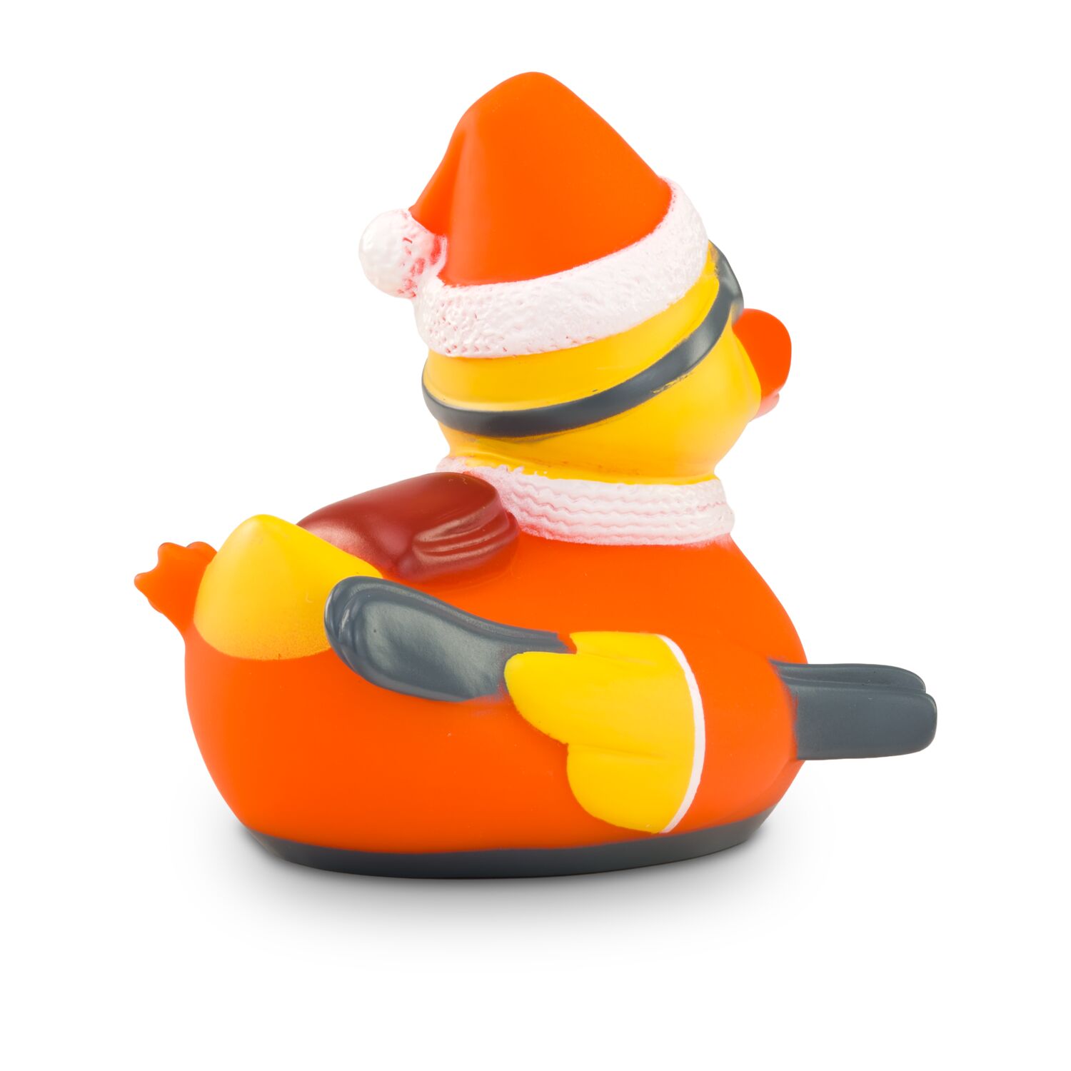 gelbe Werbeente Timo Tiefschnee mit orangenen Skianzug, Mütze, Skibrille, Schal und Rucksack, Größe: ca. 8 cm. Inklusive Quietschventil
