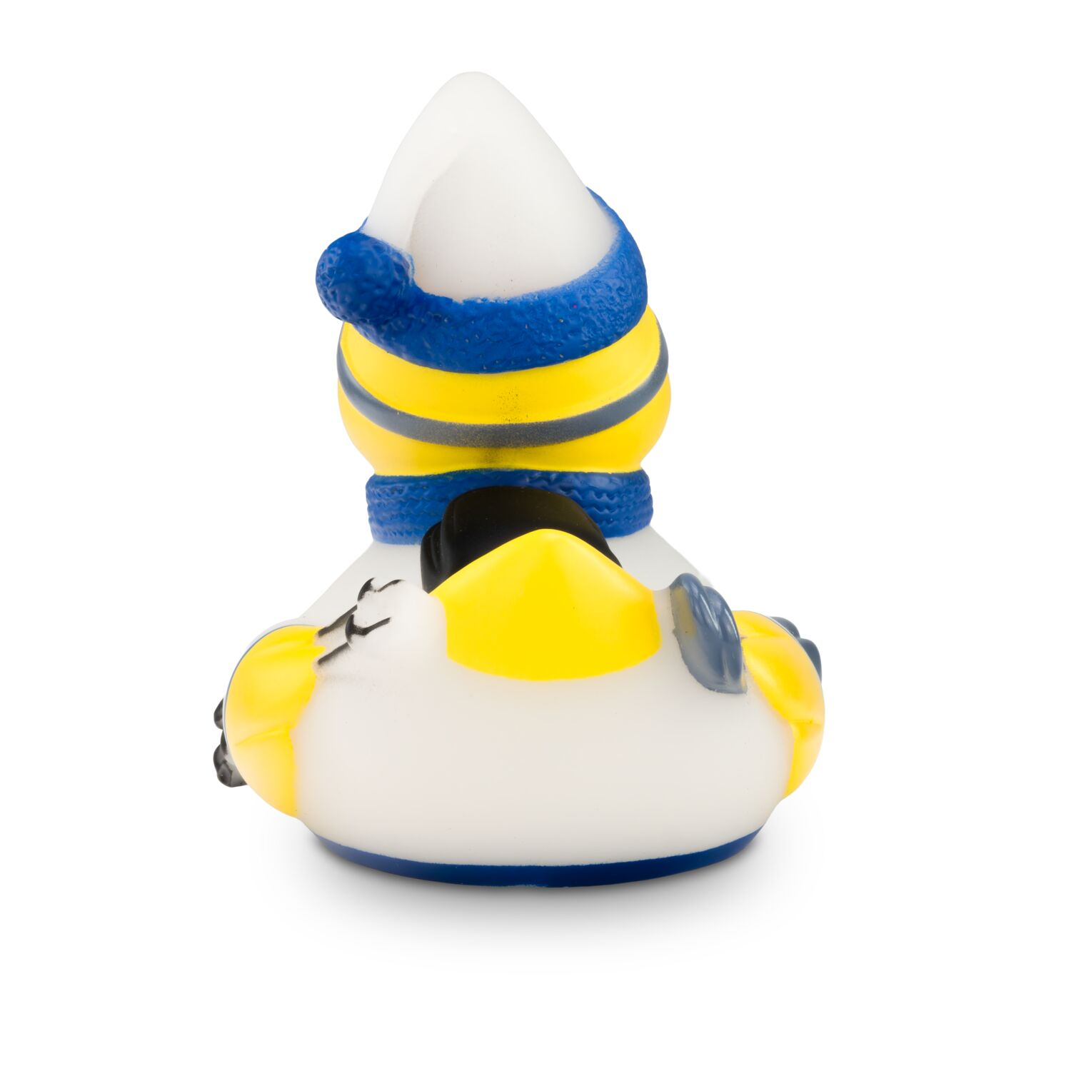 gelbe Werbeente Timo Tiefschnee mit weißem Skianzug, Mütze, Skibrille, Schal und Rucksack, Größe: ca. 8 cm. Inklusive Quietschventil