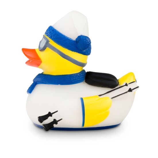 gelbe Werbeente Timo Tiefschnee mit weißem Skianzug, Mütze, Skibrille, Schal und Rucksack, Größe: ca. 8 cm. Inklusive Quietschventil