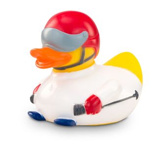 gelbe Werbeente Andi Abfahrt mit weißem Skianzug, Helm mit Visier und Skistöcke, Größe: ca. 8 cm. Inklusive Quietschventil