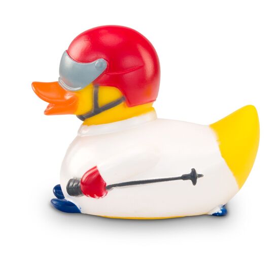 gelbe Werbeente Andi Abfahrt mit weißem Skianzug, Helm mit Visier und Skistöcke, Größe: ca. 8 cm. Inklusive Quietschventil