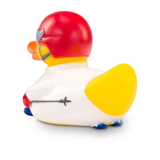 gelbe Werbeente Andi Abfahrt mit weißem Skianzug, Helm mit Visier und Skistöcke, Größe: ca. 8 cm. Inklusive Quietschventil