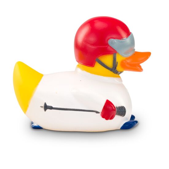 gelbe Werbeente Andi Abfahrt mit weißem Skianzug, Helm mit Visier und Skistöcke, Größe: ca. 8 cm. Inklusive Quietschventil