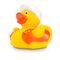 gelbe Badeente Bob Bauleiter mit Bauhelm, orangener Warnweste und Bauplänen. Größe: ca. 8 cm, inklusive Quietschventil