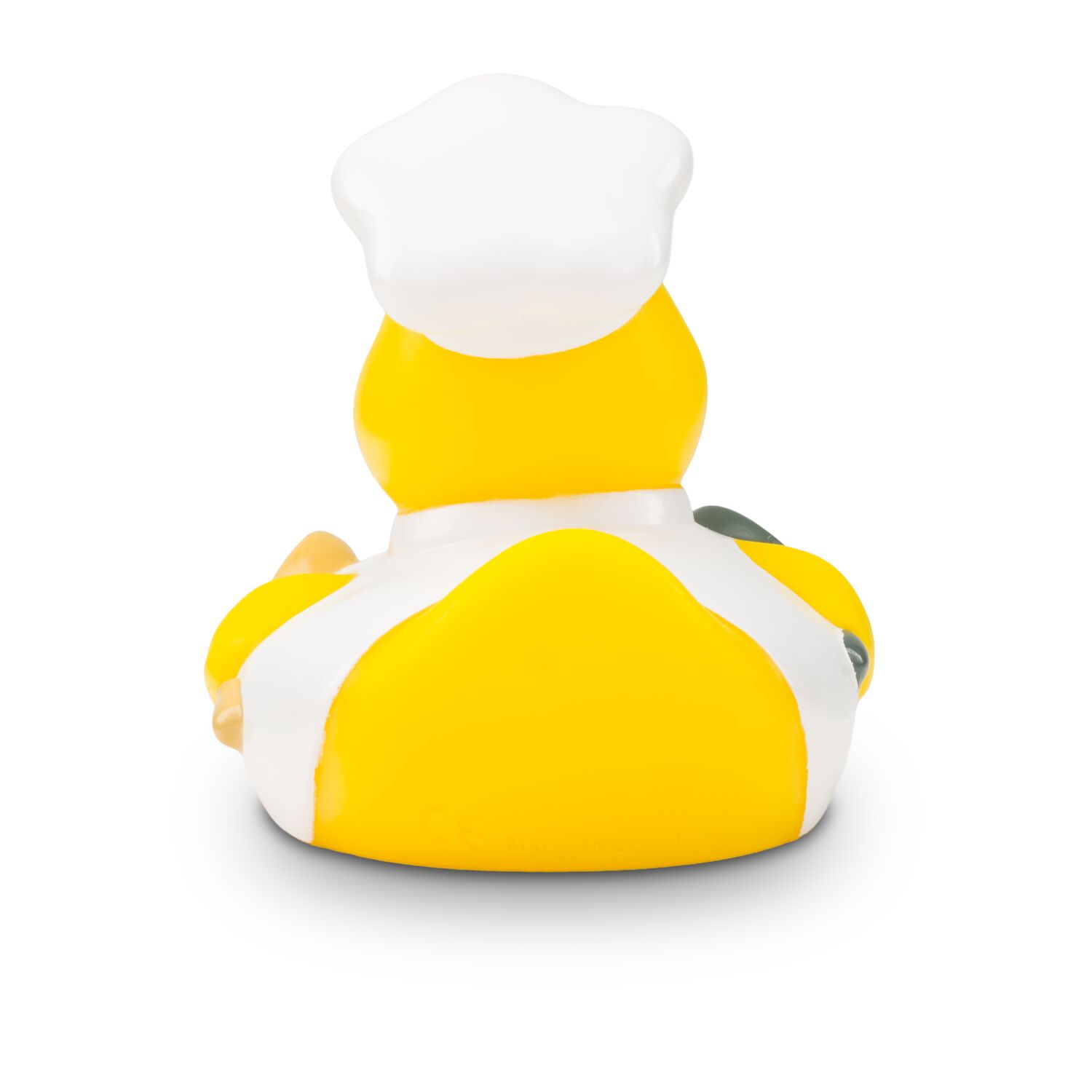 gelbe Badeente Kalle Koch mit Koch-Outfit, Kochlöffel und Haube, Größe: ca. 8 cm. Inklusive Quietschventil
