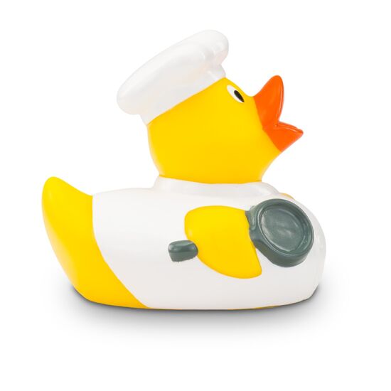 gelbe Badeente Kalle Koch mit Koch-Outfit, Kochlöffel und Haube, Größe: ca. 8 cm. Inklusive Quietschventil