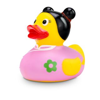 gelbe Werbeente Kim Kimono mit rosa Kimono und Dutt-Frisur, Größe: ca. 8 cm. Inklusive Quietschventil