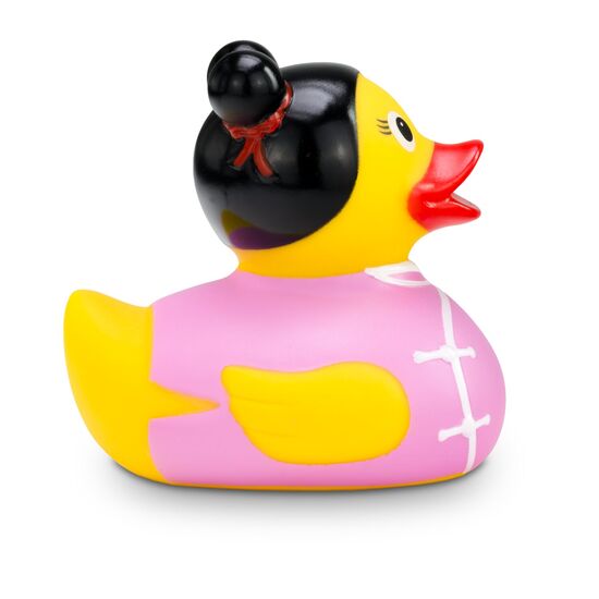 gelbe Werbeente Kim Kimono mit rosa Kimono und Dutt-Frisur, Größe: ca. 8 cm. Inklusive Quietschventil