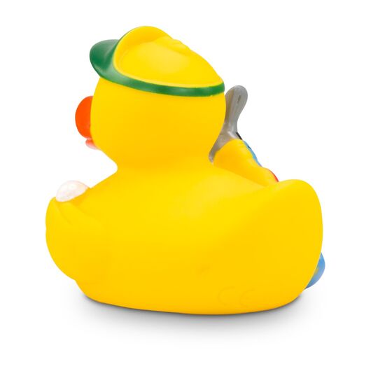 gelbe Badeente Georg Golfer mit grüner Kappe, Golfball und Golftasche. Größe: ca. 8 cm. Inklusive Quietschventil