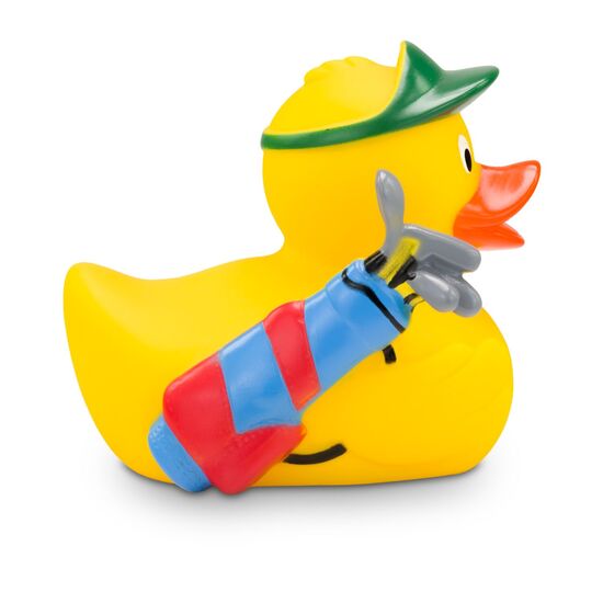 gelbe Badeente Georg Golfer mit grüner Kappe, Golfball und Golftasche. Größe: ca. 8 cm. Inklusive Quietschventil