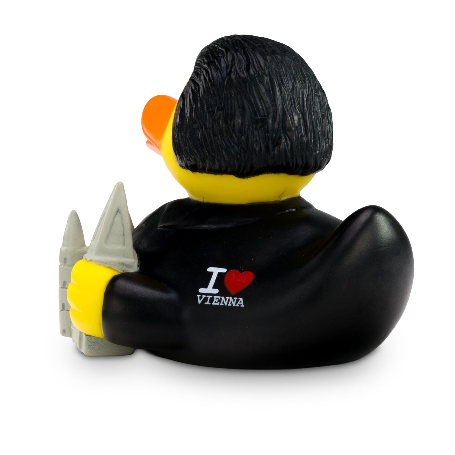 gelbe Werbeente Werner Wien mit Anzug,Prater-Riesenrad und Stephansdom, Größe: ca. 8 cm. Inklusive Quietschventil