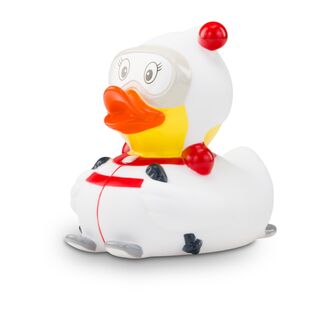 gelbe Werbeente Sarah Skischwung mit rot-weißen Anzug, Skibrille und Skistöckern, Größe: ca. 8 cm. Inklusive Quietschventil